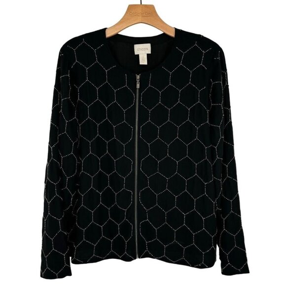 Chicos 2 geometric pattern beaded bomber jacket black size large women's - Picture 2 of 10